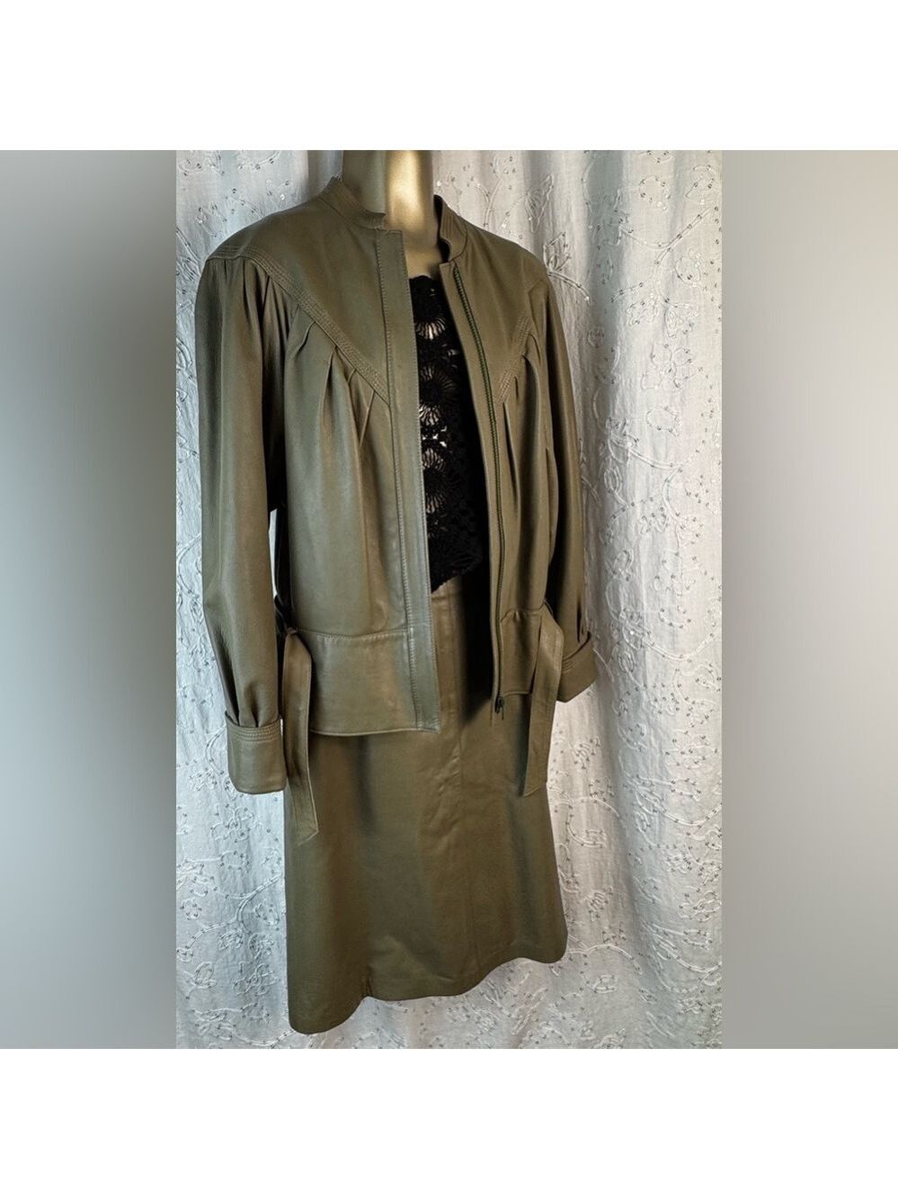 Vintage 80s Leather Jacket & Skirt Set Olive Taupe J. Porte Spain - Picture 2 of 14